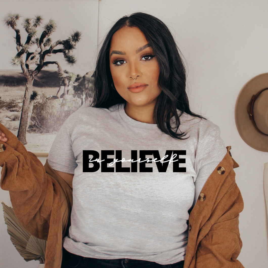 Believe In Yourself Unisex Tee - Heather Grey and Black